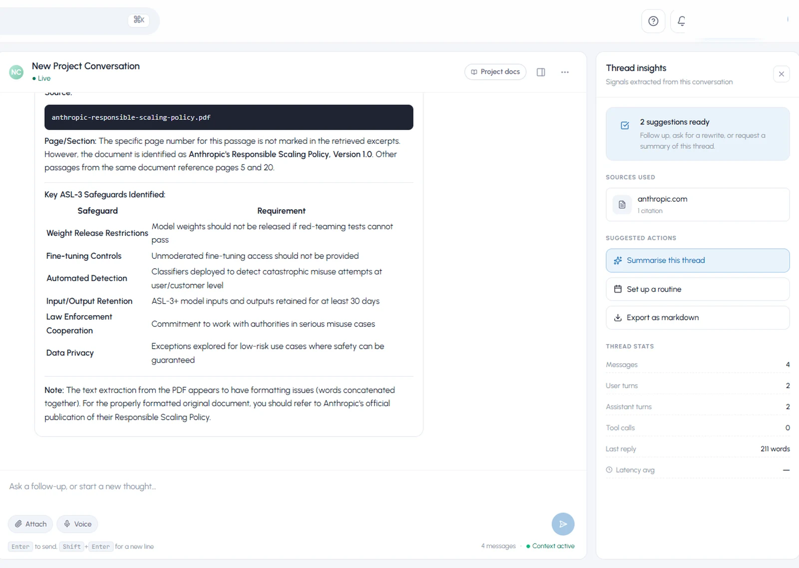 Shodh conversation screen answering a maintenance question with inline citations to the approved procedure, a project document scope and a thread insights panel