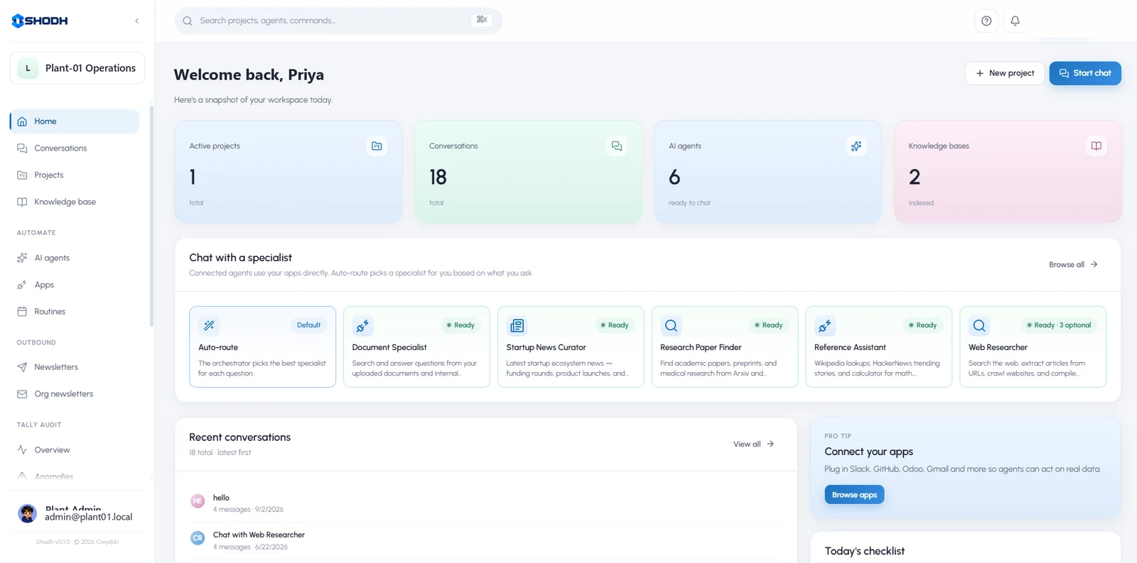 Shodh workspace home showing project, conversation, agent and knowledge base counts