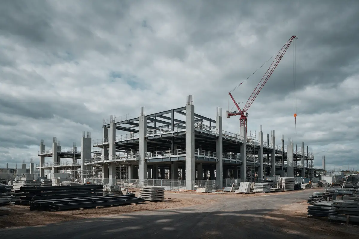 Infrastructure construction site with structural steel frame and tower crane