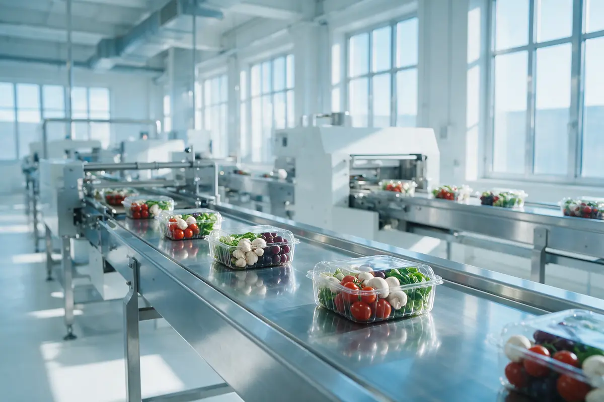 Food processing and packaging line with stainless steel conveyors
