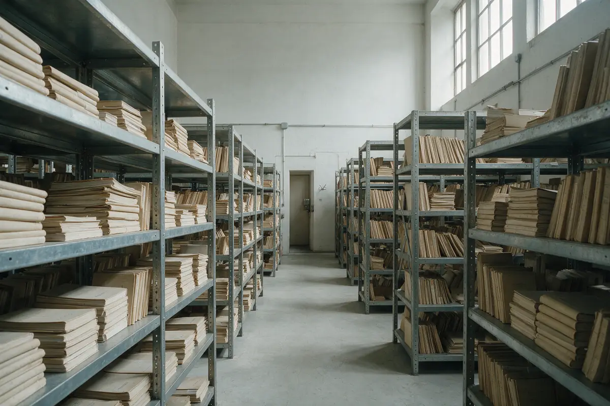 Government records archive with steel shelving of bound paper files