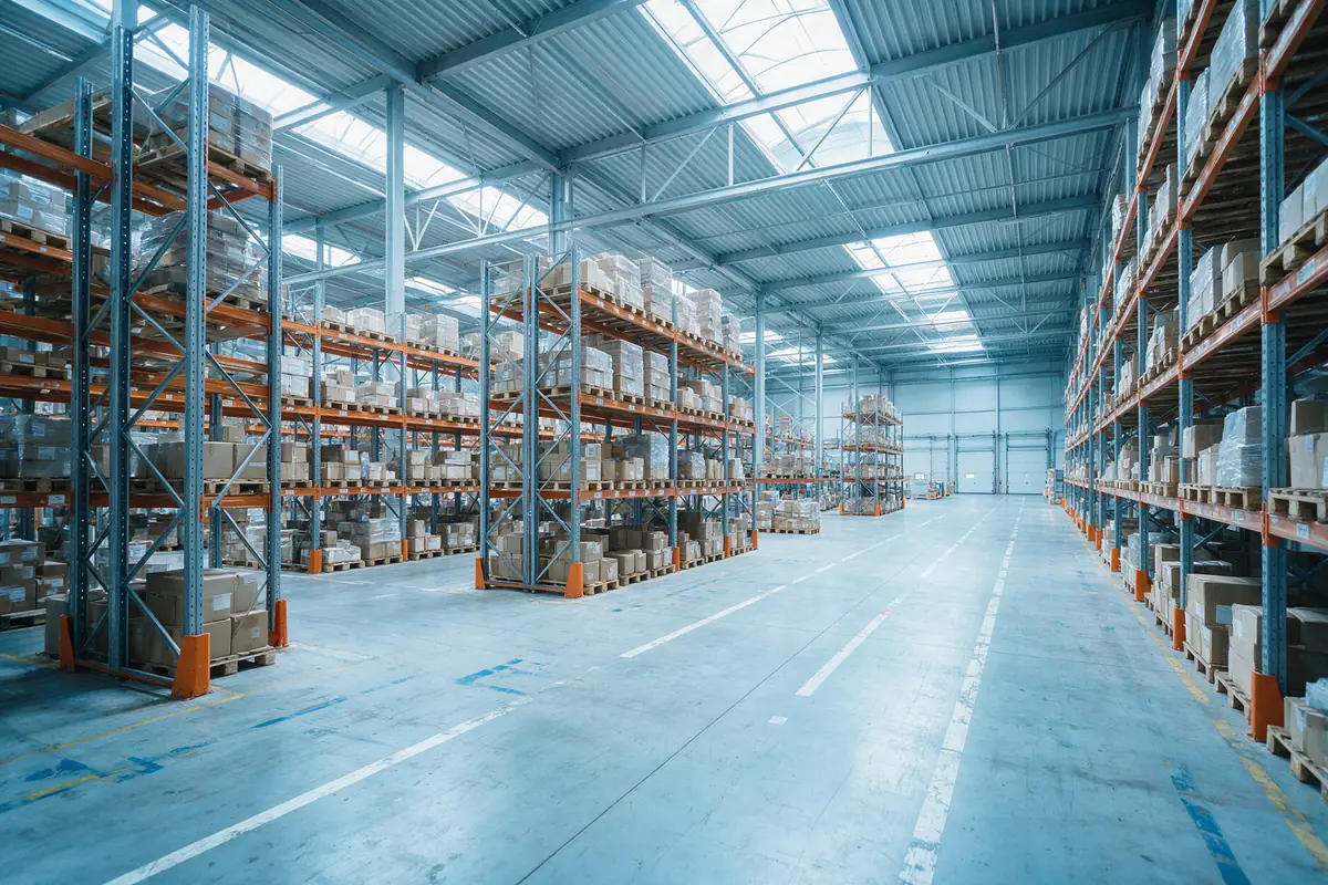 Logistics warehouse interior with tall racking and marked floor lanes